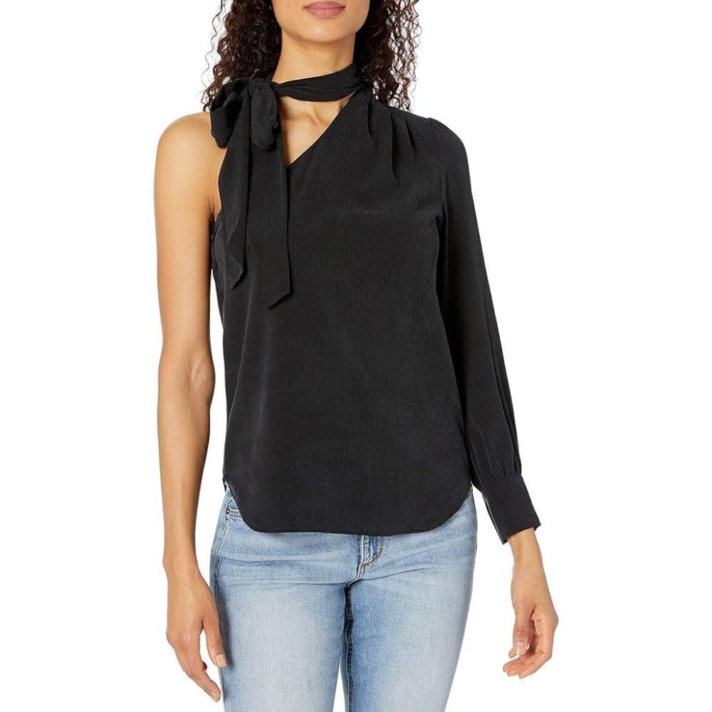 AG Adriano Goldschmied Women's Malia Tie Neck One Sleeve Top Blouse Black XS NWT